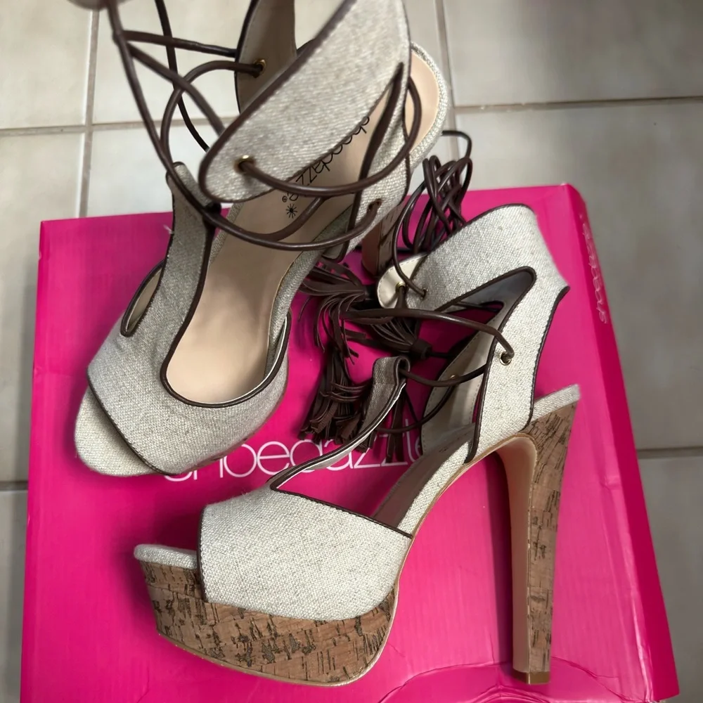 Lace-Up Cork Platform Heels in Beige